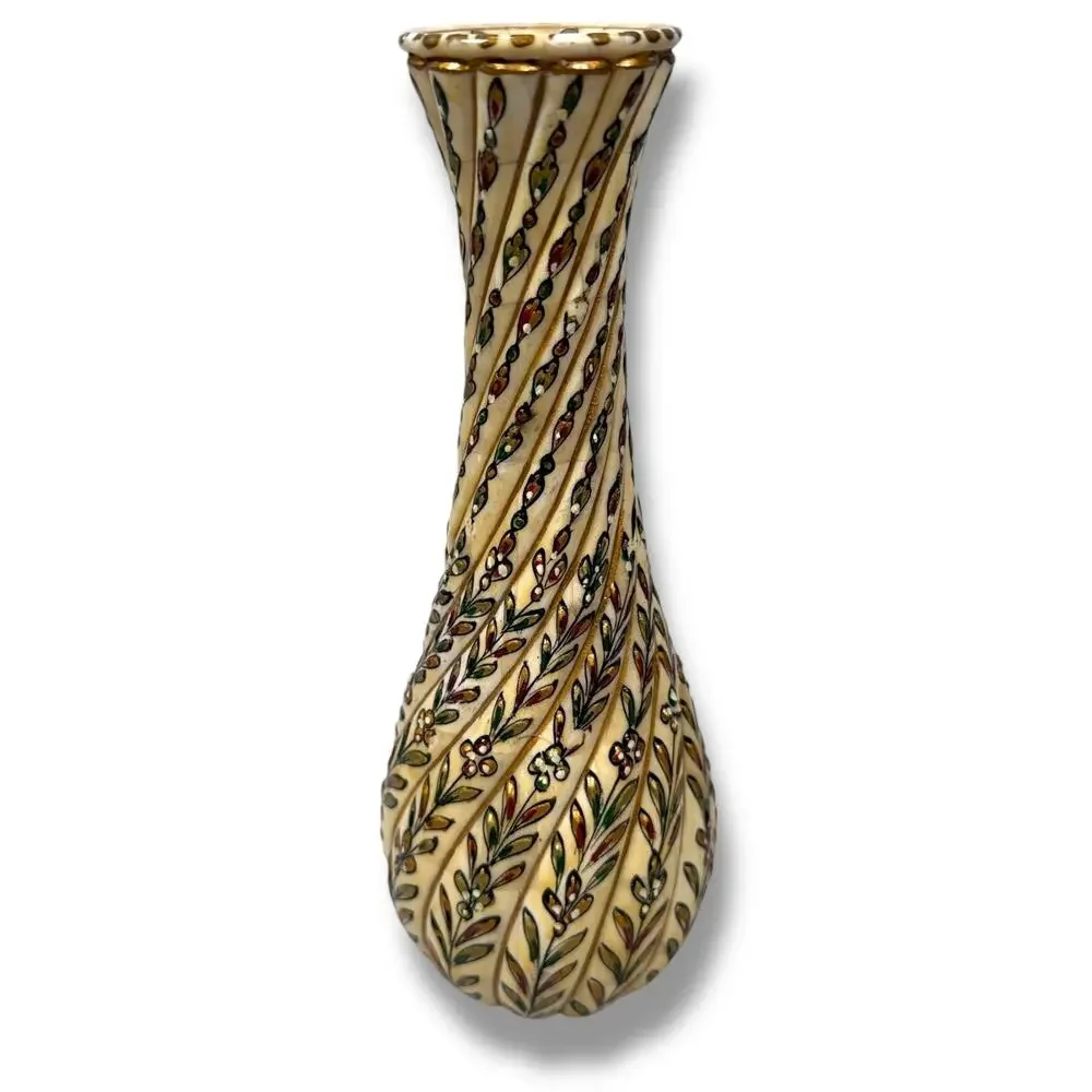 Vintage Moroccan Inlaid Bone Vase Scrimshaw 8.5